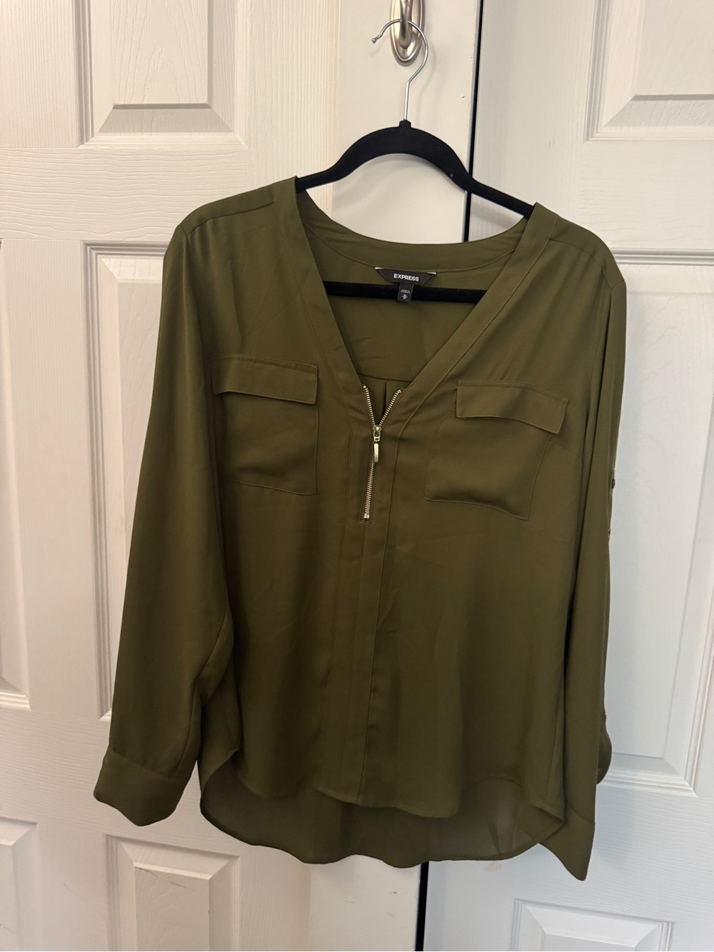 Express Olive Green Zip-Front V-Neck Work Blouse Medium